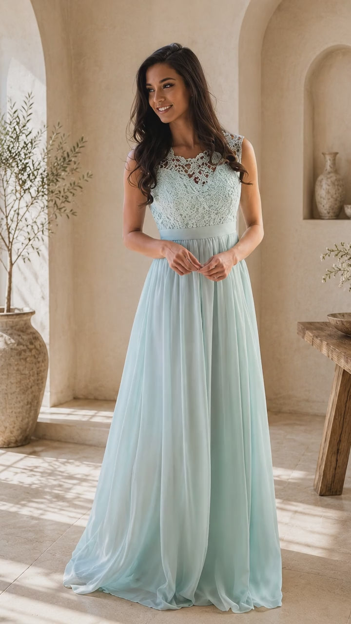 Robe Longue Bleu Ciel Corsage Dentelle