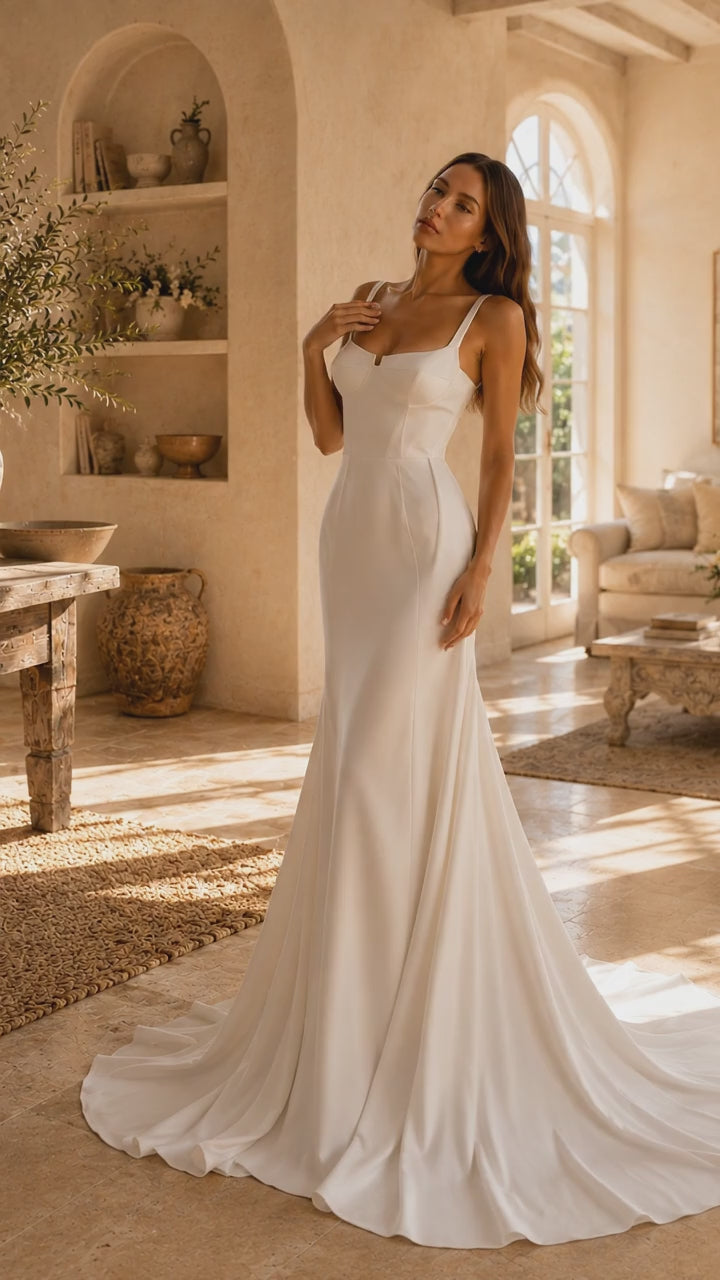 Robe de Mariée Sirène Minimaliste Bretelles Fines Crêpe Traîne