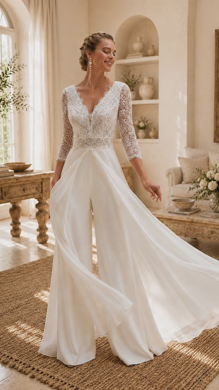 Combinaison de Mariée Dentelle Décolleté V Manches 3/4 Jupe Fluide