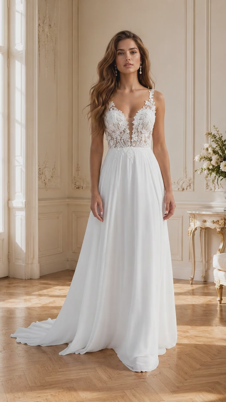 Abito da sposa bohémien svasato scollo a V pizzo